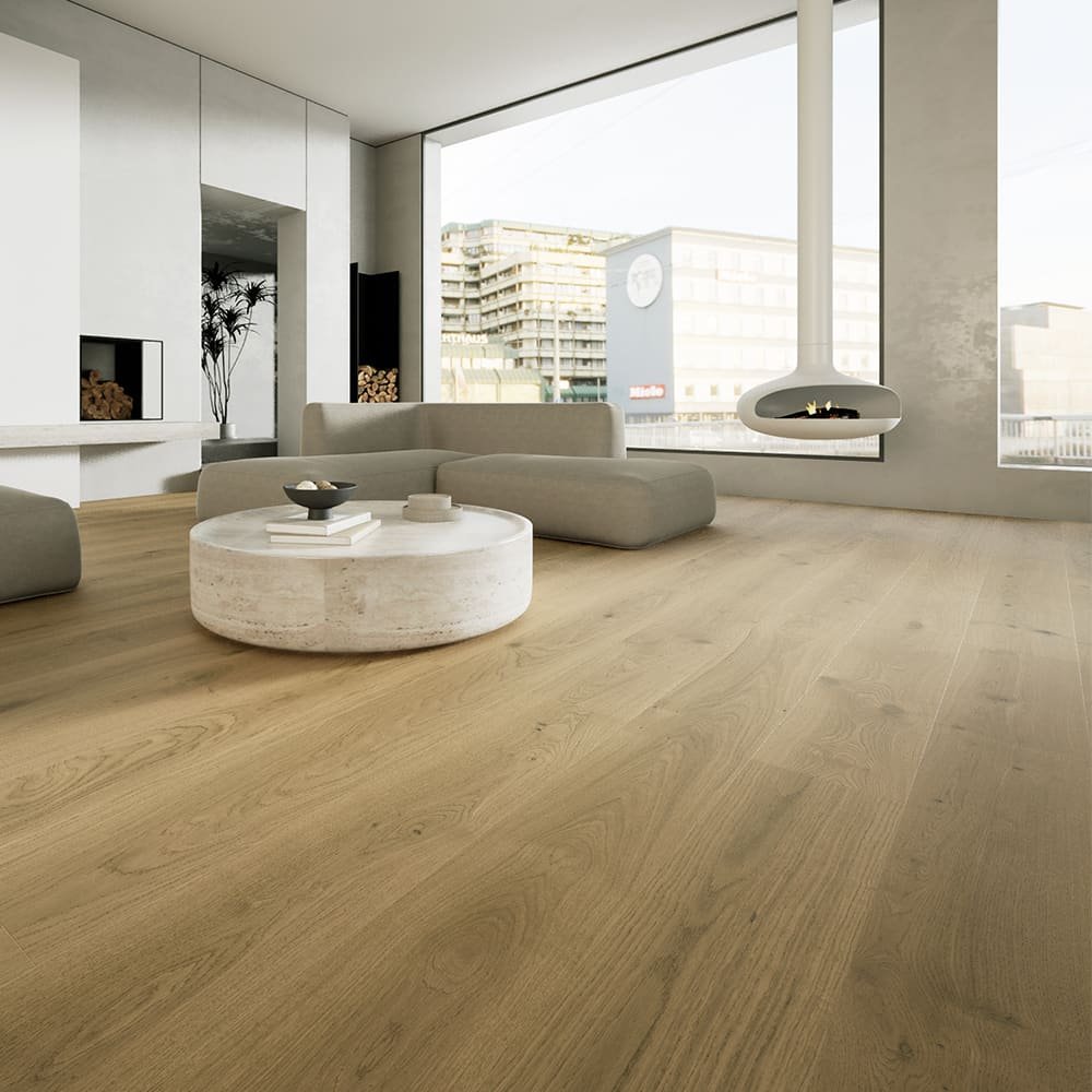 Arles ABCD grade European White Oak hardwood flooring with Brushed surface - 8.66" wide planks installed in Houston home interior
